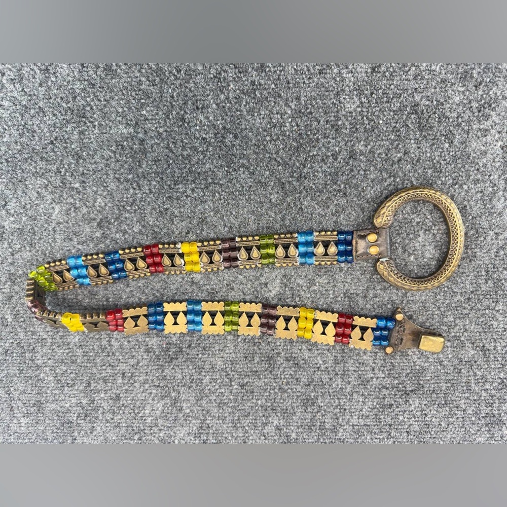 Vintage Ethnic Multi-Color Beaded Belt Brass Metal Links Adjustable 30" Boho